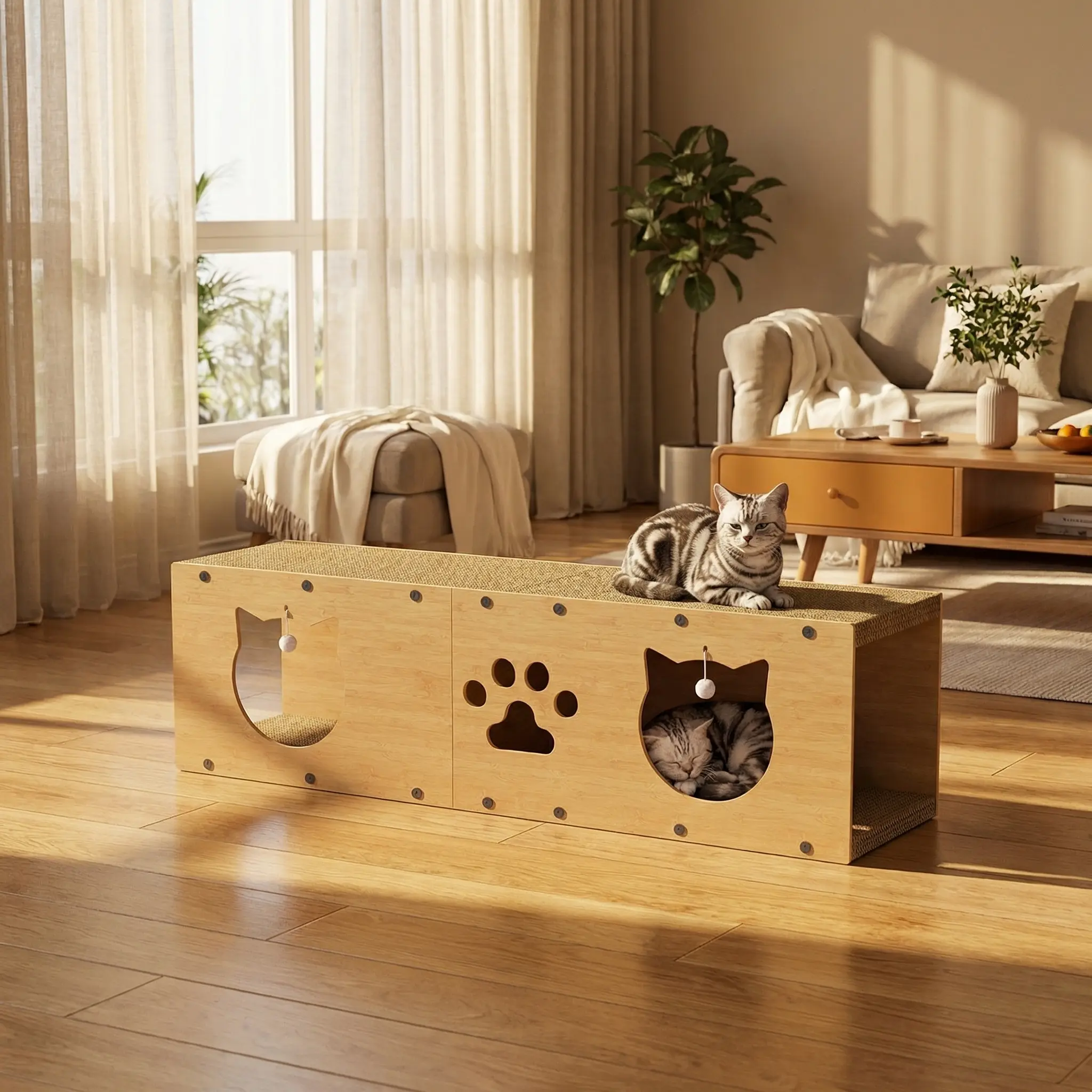 Cat Tunnel, Cat Scratcher, Cat house, Cat scratching Cardboard with ball toy for indoor cats, Large size