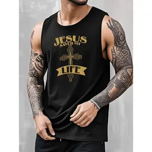 Jesus Saved My Life Sleeveless Tank Top Men Cotton Muscle Tee Golden Lettering Cross Graphic Summer Fitness Casual Wear Faith Gift