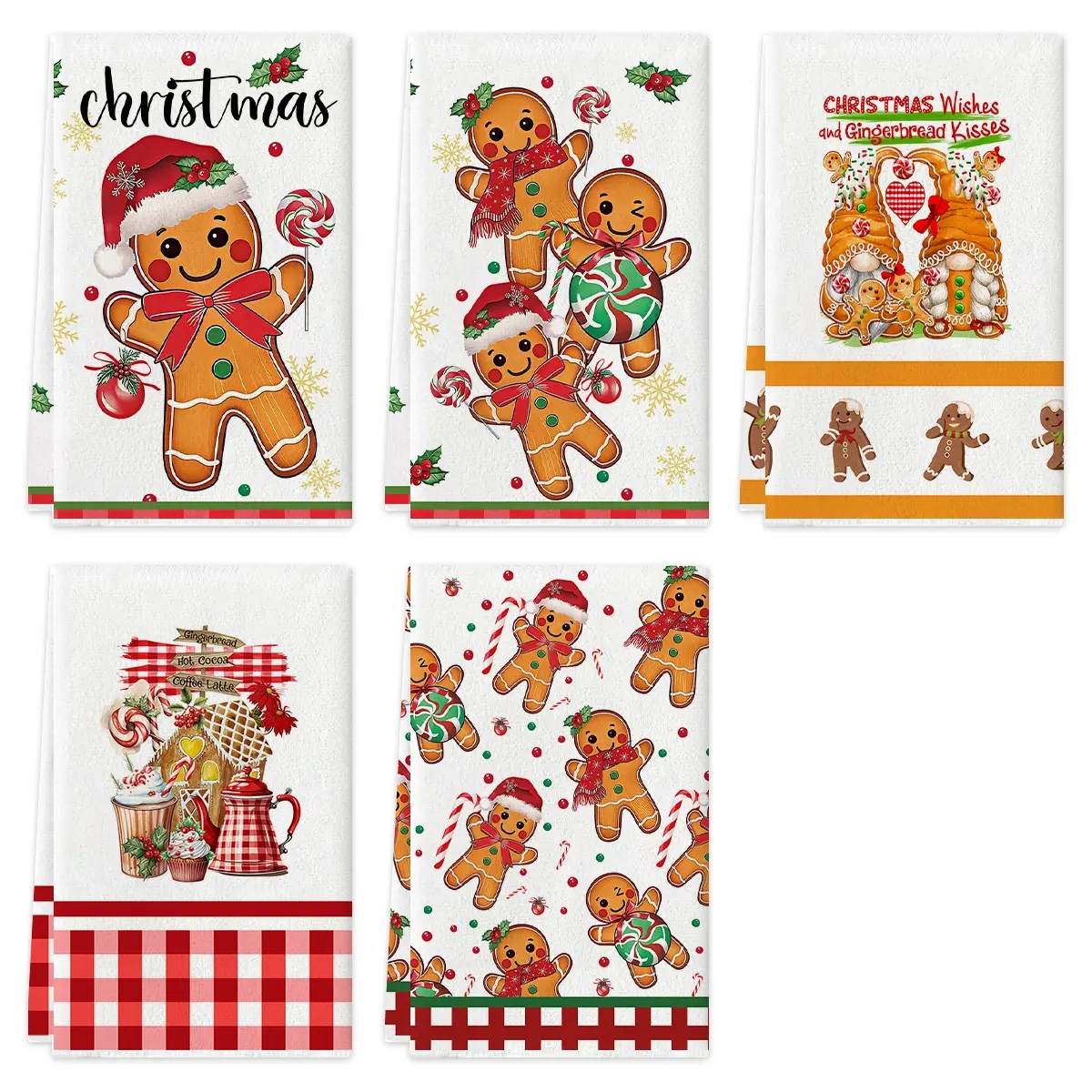 2/4/5pcs Christmas tea towels, kitchen cleaning towels, Christmas gifts, gingerbread man cane candy Santa Claus design, dishwashing towels, Merry Christmas hand towels, multifunctional towels, Decorative Towels