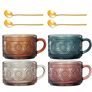 Khen Colored Vintage Coffee Mug Set | Set of 4 | 15oz Unique Flower Hobnail Glasses, Overnight Oats Container with Gold Spoons - Embossed Cups Cute Coffee Bar Accessories, Glassware (Muted)