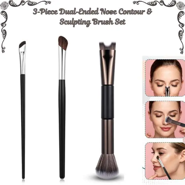 3-Piece Synthetic Dual-Tip Double-Head Multisided Nose Contour & Sculpting Makeup Brush Set, 2-in-1 Tools for Blending, Face Highlight & Definition, Ideal for Gifting (Mother’s Day, Birthday), Dual-Tip Face Brushes, Double-Head Face Brushes