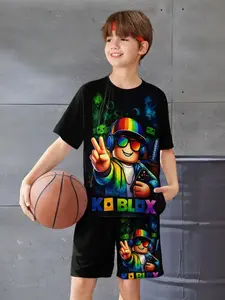 Boys' Summer Roblox Game Print Cool Short Sleeve Shorts Set, Casual Loose-Fit Crop Top and Shorts, All over Print, Natural Waist