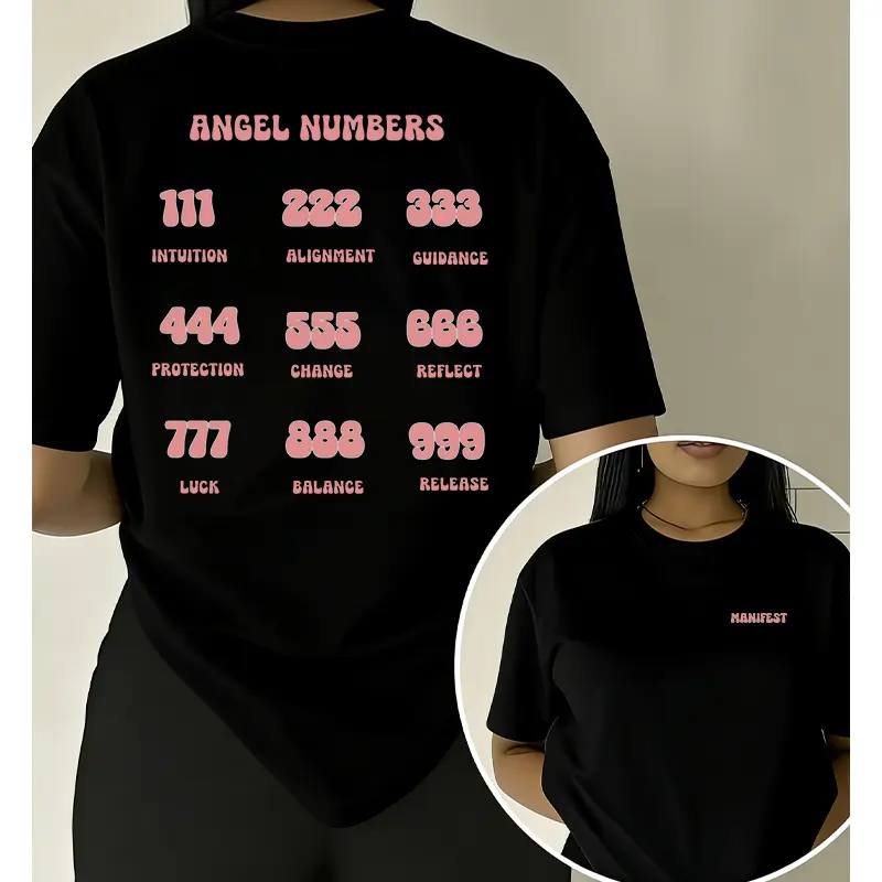 Women's Cotton Angel Numbers Manifestation T-Shirt - Classic Fit, Short Sleeves, Digital Print, Spiritual Double-Sided Round Neck Casual Tee, Mystical Affirmation Top, Size M, Supernatural Aesthetic, Size Chart Reference, Easy Measuring Tip, Full Seams, D