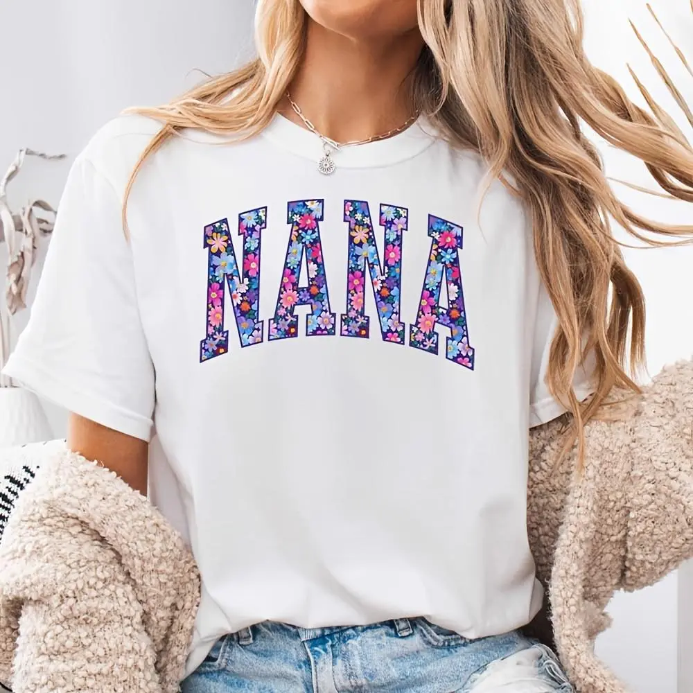Floral Nana Print Graphic, Neck Drop Shoulder T-Shirt, Mothers Day Grandma Gift, Casual Daily Wear Summer Top
