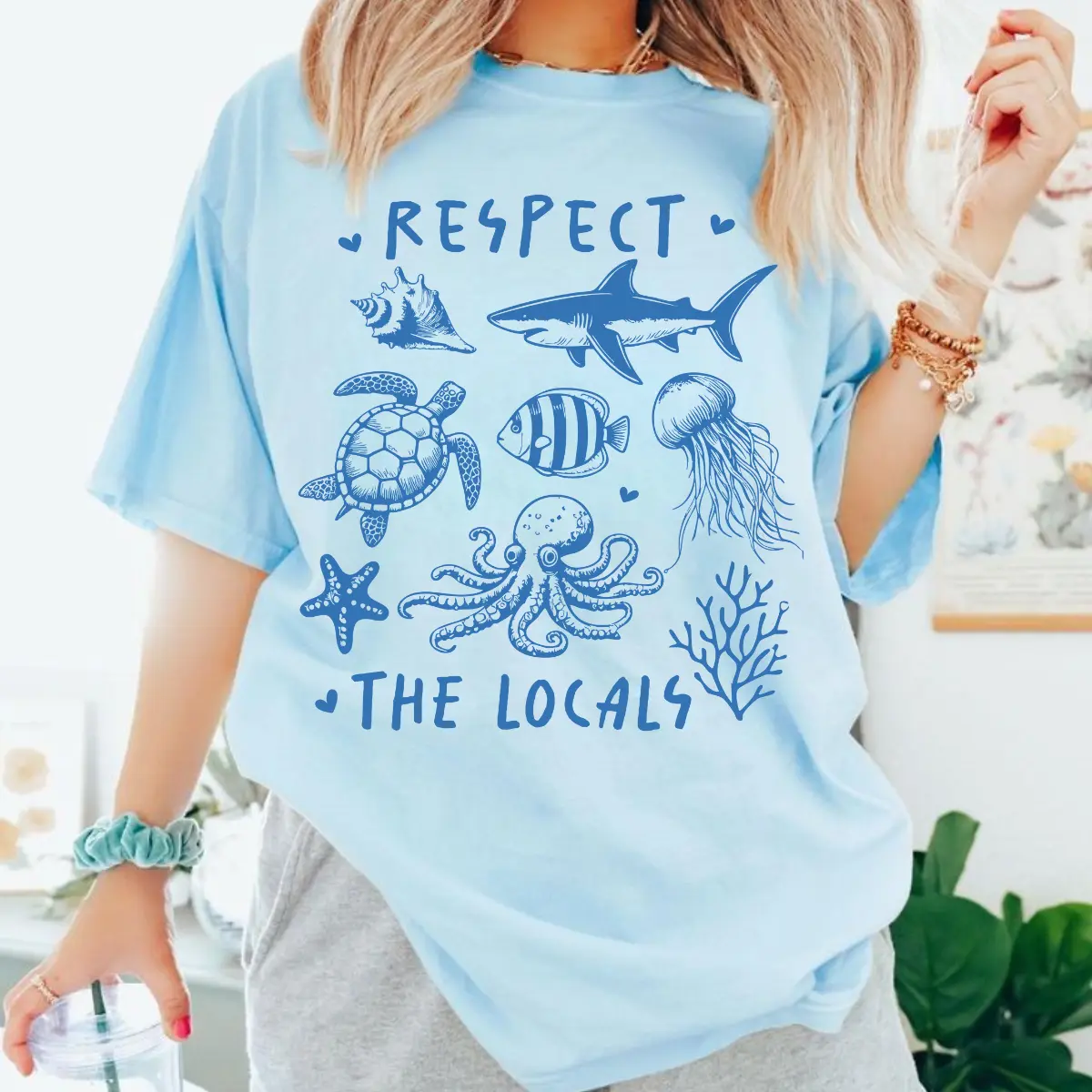 Respect the locals Comfort colors  Shirt, Summer Shirt, Trendy Ocean shirt, Sea Animal doodle shirt Women Beach Tee