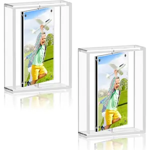 PPH-Sisy 5x7 Acrylic Magnetic Picture Frame 2 Pack, Double Sided 360° Rotating Clear Photo Frame, Frameless Desktop Display for Home Office Decor, Wedding