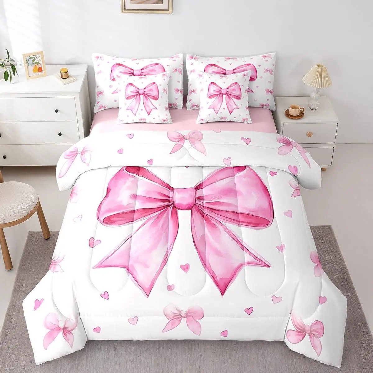 Girly Pink White Comforter Set,7 Piece,Cute Bow Girls Bed in A Bag with Sheets Dreamy Princess Bedding Set for Kids Teen Women,Kawaii Bowknots Bow Tie Sheet Set with Comforter