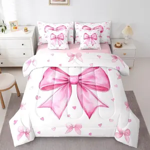 Girly Pink White Comforter Set,7 Piece,Cute Bow Girls Bed in A Bag with Sheets Dreamy Princess Bedding Set for Kids Teen Women,Kawaii Bowknots Bow Tie Sheet Set with Comforter