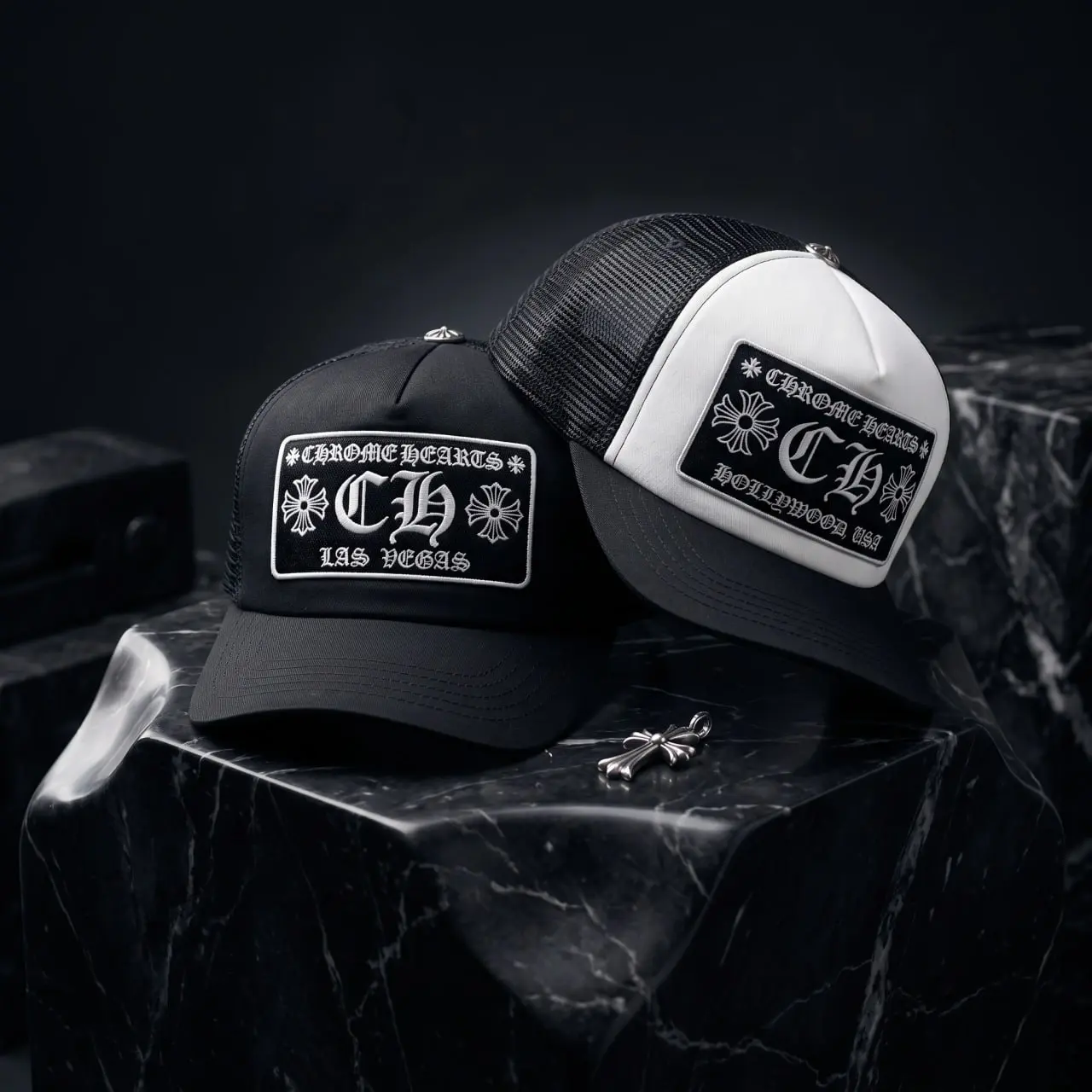 Chrome Hearts CH Trucker Hat - White & Black Mesh Design with Bold Logo Patch - Perfect for  Enthusiasts #cap
