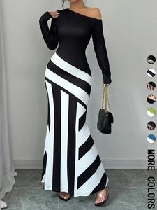 women's colorblock striped print asymmetrical neck mermaid dress, elegant fashion chic long sleeve dress for party dating wear, women dress for all seasons, formal dresses women, womenswear
