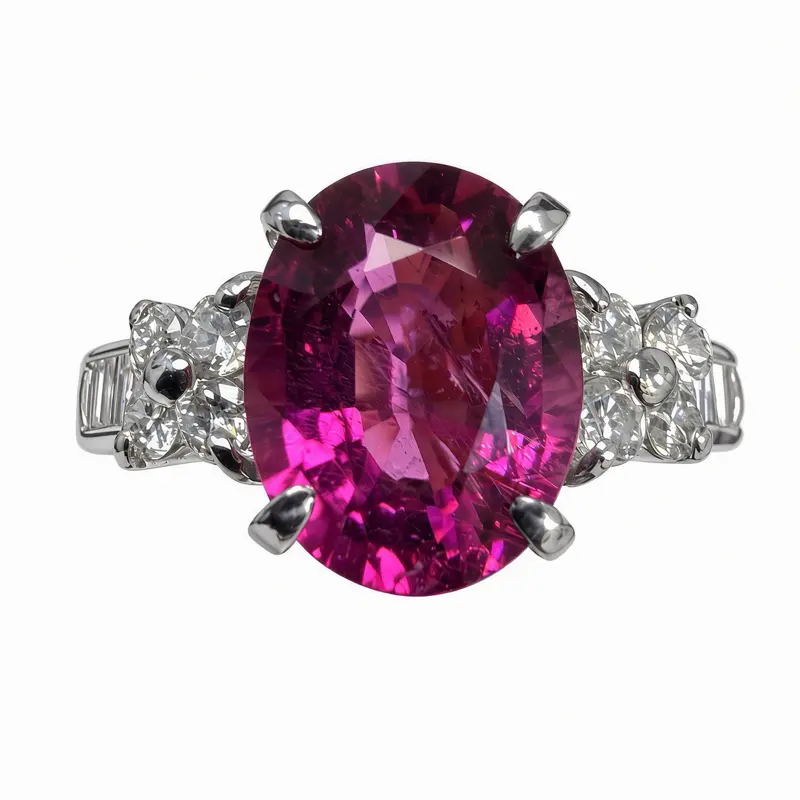 Natural Vivid Pink Tourmaline & Diamond Ring Set in Solid PT900