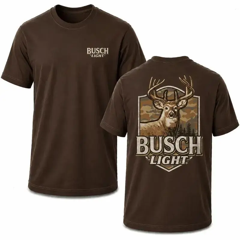 Busch Light Whitetail Deer Graphic T-Shirt, Features Whitetail Buck With Busch Light Logo On Camo Background And Chest Logo, Hunting Theme, Unisex Graphic Tee, Top Menswear Streetwear Casual