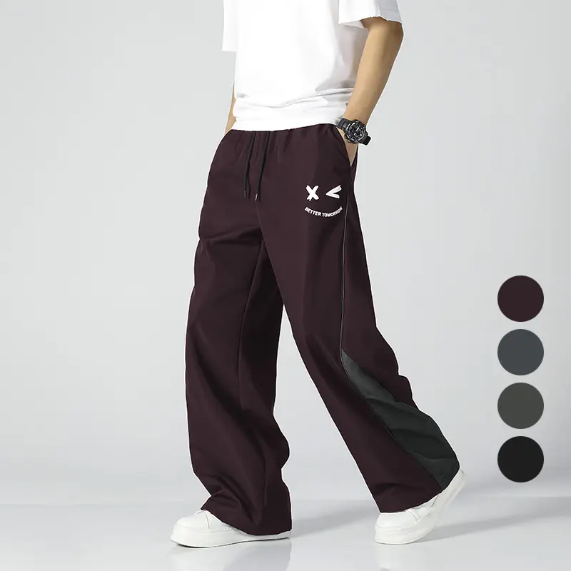 Men's Baggy Track Pants - Y2K Streetwear Loose Windbreaker Pants with X Print & Contrast Panel, Elastic Waist Drawstring Casual Joggers