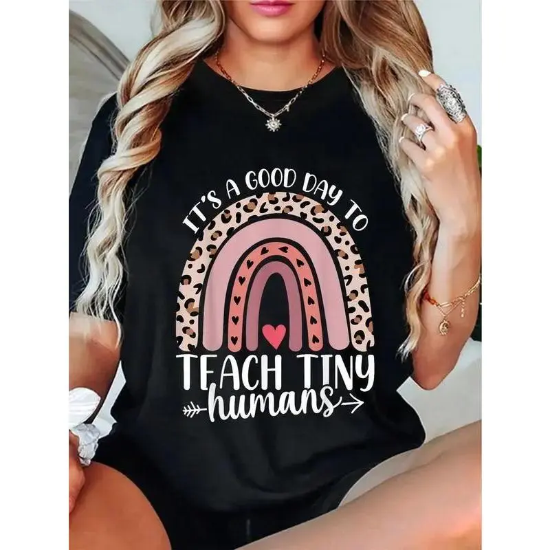 Men's 100% Cotton Casual Round Neck Short-Sleeve T-Shirt - Comfortable Fitness Top for Daycare Providers with "It's a Good Day To Teach Tiny Humans" Print