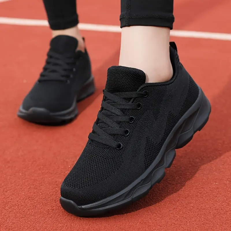 Women's Breathable Knit Sneakers - Comfortable, Lightweight Lace-Up Casual Shoes in Solid Black