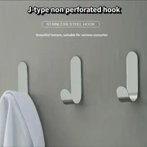 6 Pack Strong Self-Adhesive J Hooks, Waterproof Sticky Hanging Clips, Stainless Steel No Drilling Hooks, Bathroom Wall Mount Storage Hangers