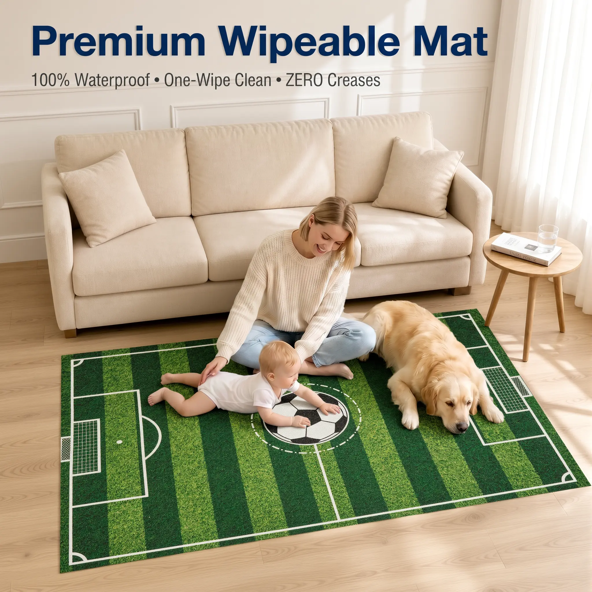 Sports Theme Area  & Splat  - Soccer Field Pattern, Waterproof Wipeable PU Leather Play  for Boys, 3.3x5 ft