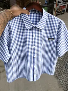 American Vintage Classic Menswear Blue Plaid Checkered Checked Gingham Embroidered Collared Short Sleeve Shirt, Casual Loose-Fitting Top for Daily Commute, Summer Fashion Essential