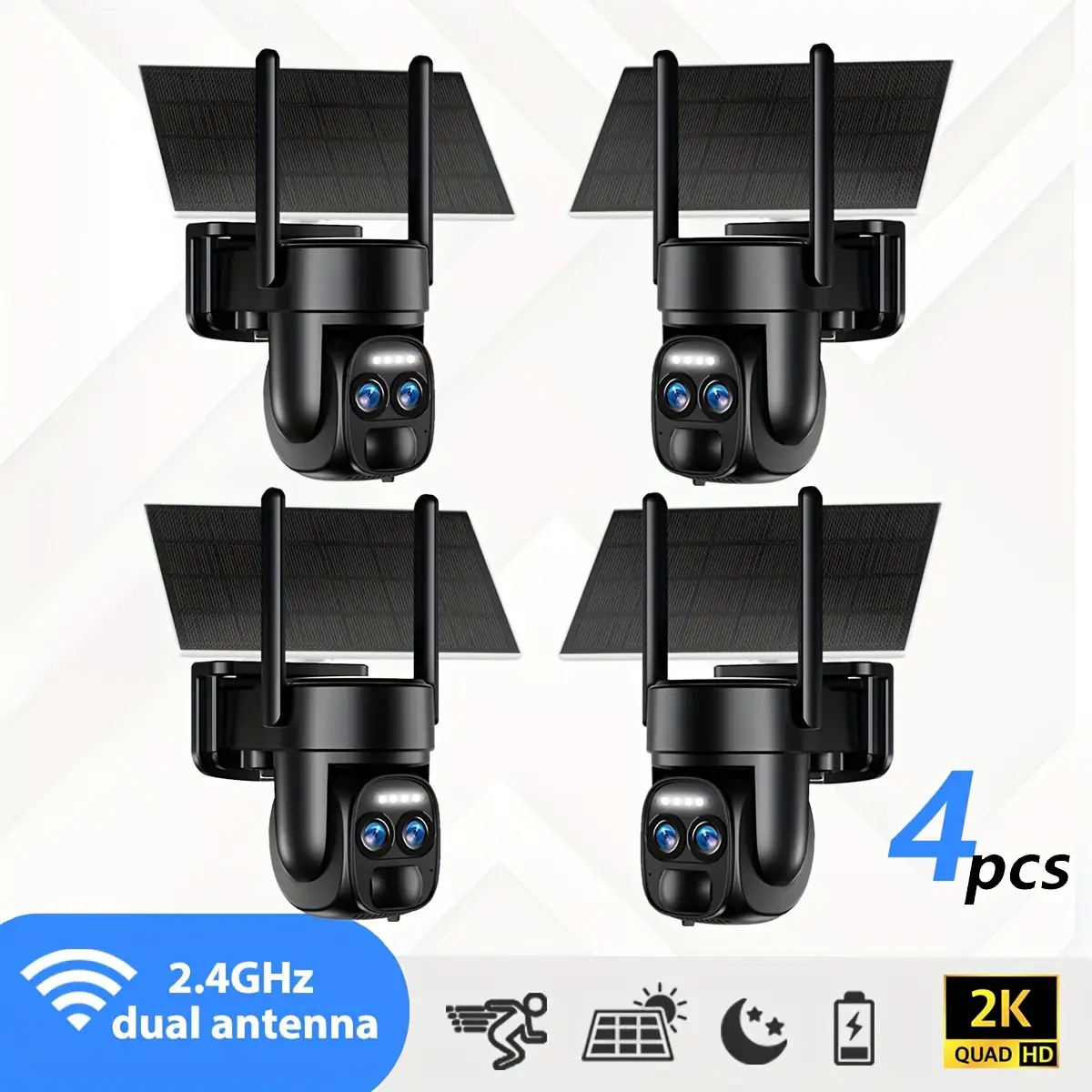 Hawkray 4 PC-Pannel Solar-Powered Wireless Outdoor Security Camera, Dual Lens, Dual Viewing Angle, 10x Zoom, 2K Resolution, 3MP, 360° Pan/Tilt, 2.4 an