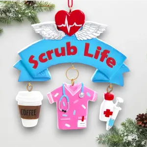 Nurse Dangle Christmas Ornament – Scrub Life with Coffee, Scrubs & Syringe Charms – Medical Worker Gift – Cute Pink Healthcare Ornament – Noel Box