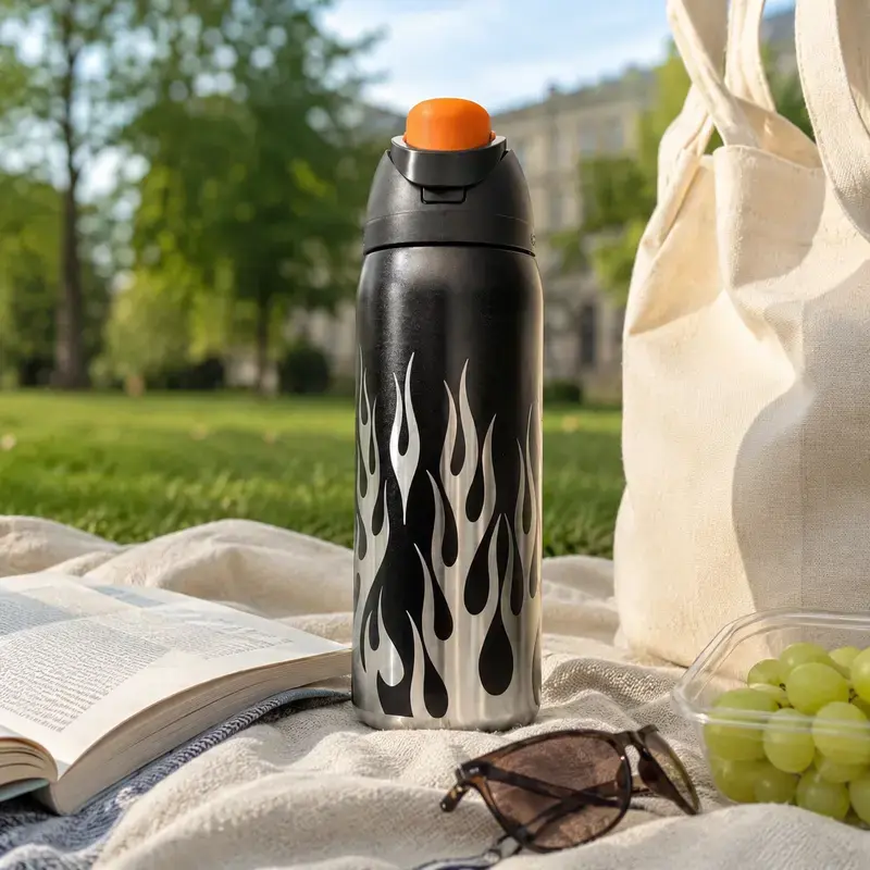 Owala FreeSip 32Oz / 945Ml Insulated Water Bottle - Vacuum-Insulated Stainless Steel, Reusable Portable, Black Silver, Straw Lid, Leak-Proof, Sporty Flame Design for Workout, Car Rides, Everyday Use