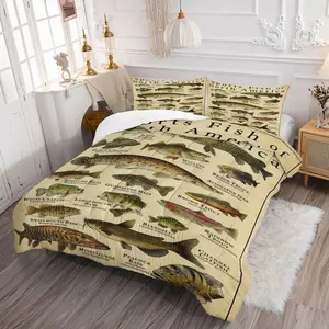 North American Fish Print Bedding Set, Includes 1 Quilt and 1/2 Coreless Fitted Sheet, Perfect Gift for Fishing Enthusiasts