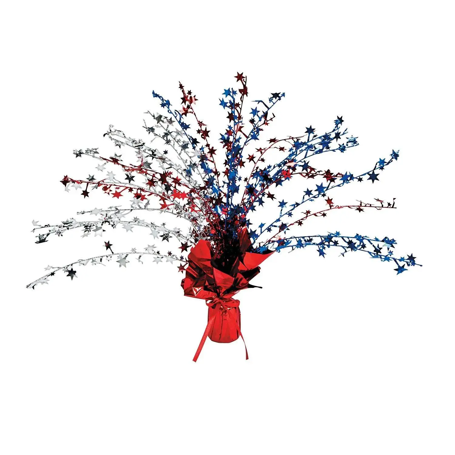 15" Patriotic Foil Spray Centerpiece with Red, Silver & Blue Stars - Fourth of July, Independence Day Decor Accessories for Apartment, Room Decorations