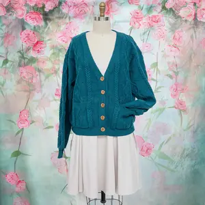 Elhoffer Design Elevensies Oversize Unisex Cardi - Lake Town Teal - Knitwear With Wooden Buttons, Pockets, Leaf Knit