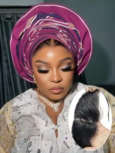 Women’s Human Hair 13x4 Full Lace Half Wig for Gele Turban Human Hair Hairpieces, Lace Frontal Pre Cut Natural Hairline with Braided Hair, Effortless to Wear