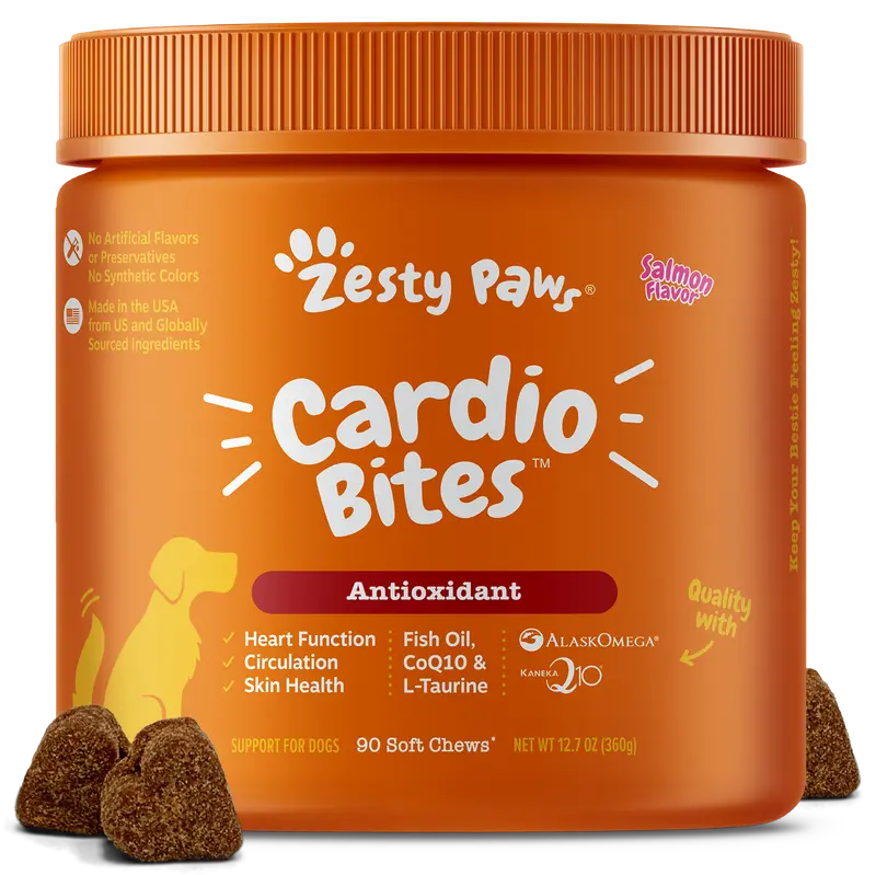 Zesty Paws Cardio Bites for Dogs, Cardiovascular Health and Circulation Support Supplement for Dogs, Omega 3 Fatty Acid Fish Oil Soft Chew Pet Treats