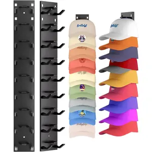 2 Pack Adhesive Hat Organizer, Strong Adhesive Wall Mount Hat Rack, Multi-Layer Cap Storage Holder for Door, Closet & Wall, Holds Up to 18 Baseball Caps, Black Wall-Mounted