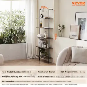 VEVOR Ladder Shelf, 5-Tier Bookshelf 24x11.8in, Open Wall-Mounted Ladder Shelf with Metal Frame, Storage Rack Sundries Holder for Kitchen Bedroom Bathroom Living Room, Black