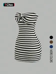Women's Contrast Striped Backless Knit Tube Top Bodycon Mini Dress, Summer