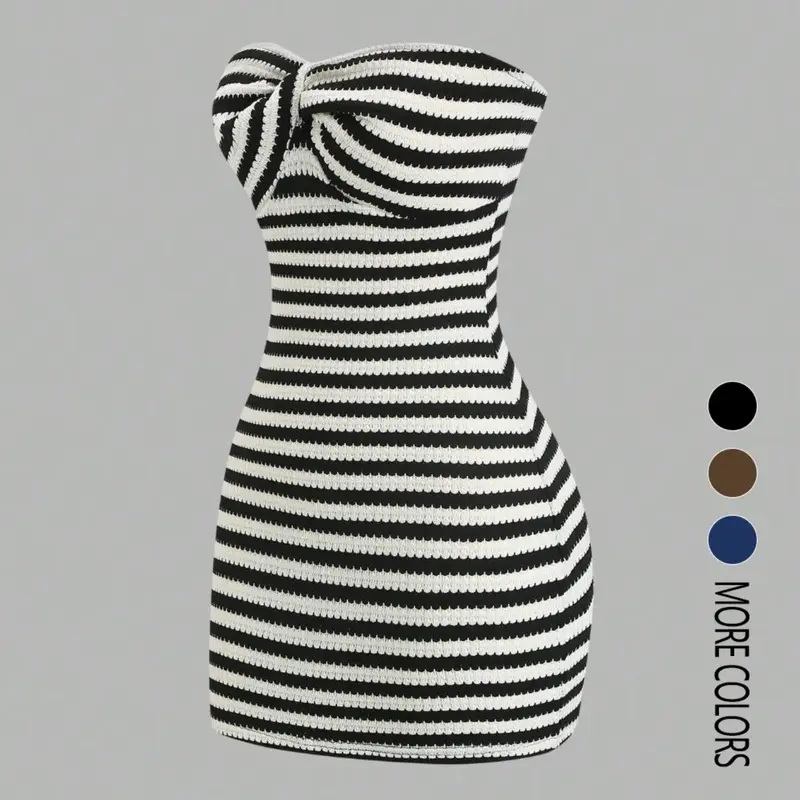 Women's Contrast Striped Backless Knit Tube Top Bodycon Mini Dress Summer Dresses Summer Wear