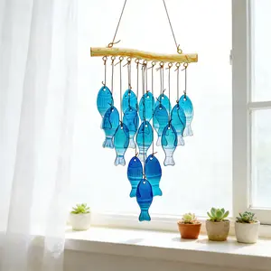 23-inch Blue Glass Ocean Wind Chime — Handmade Fish-Shaped Outdoor Wind Chime for Beach Parties and Wedding Decorations
