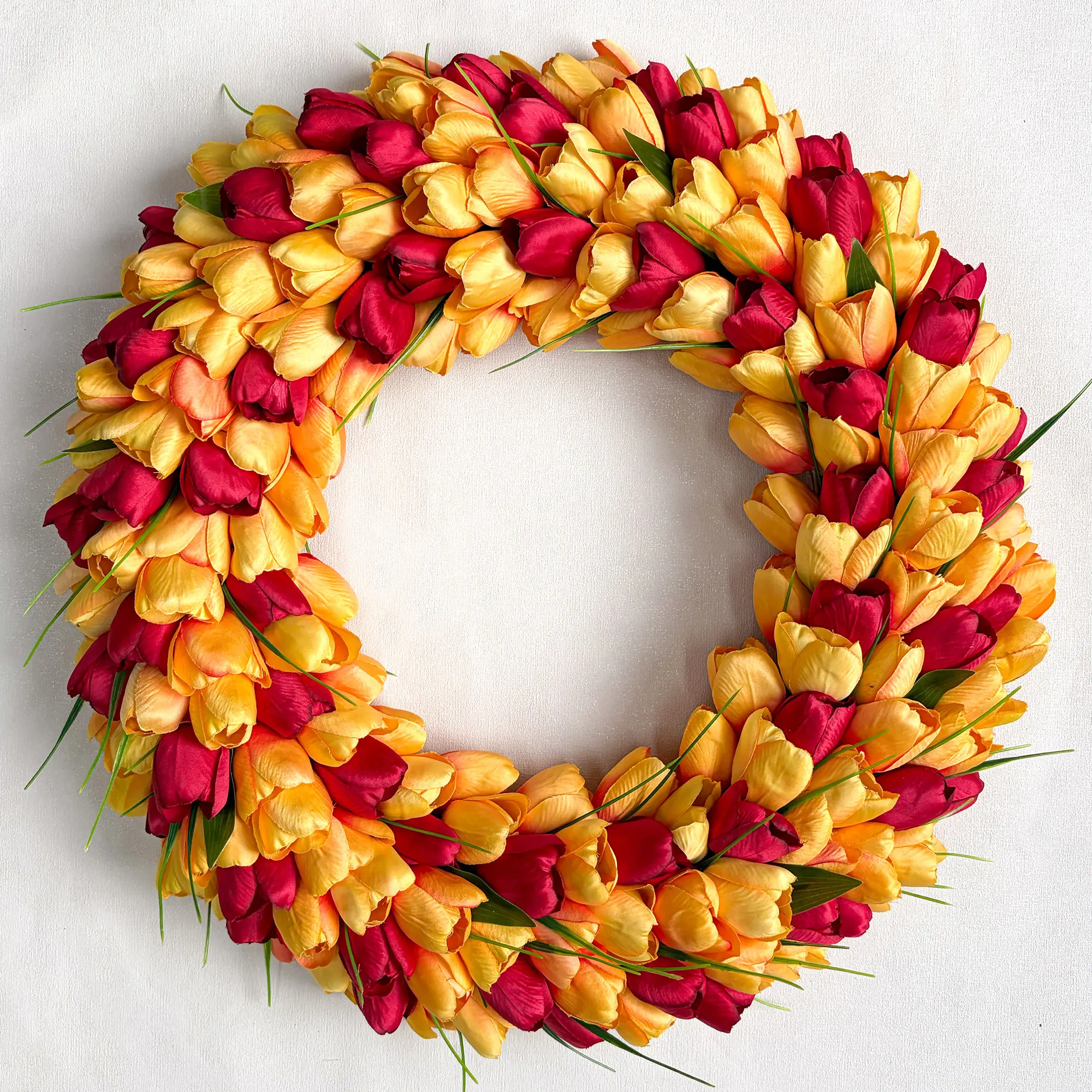 Tulip Wreath for Front Door, 20 Inch Tulip Spring Wreath with Green Leaves, Artificial Floral Door Wreath for All Seasons Wall Window Valentine Easter Home Decor (Orange)