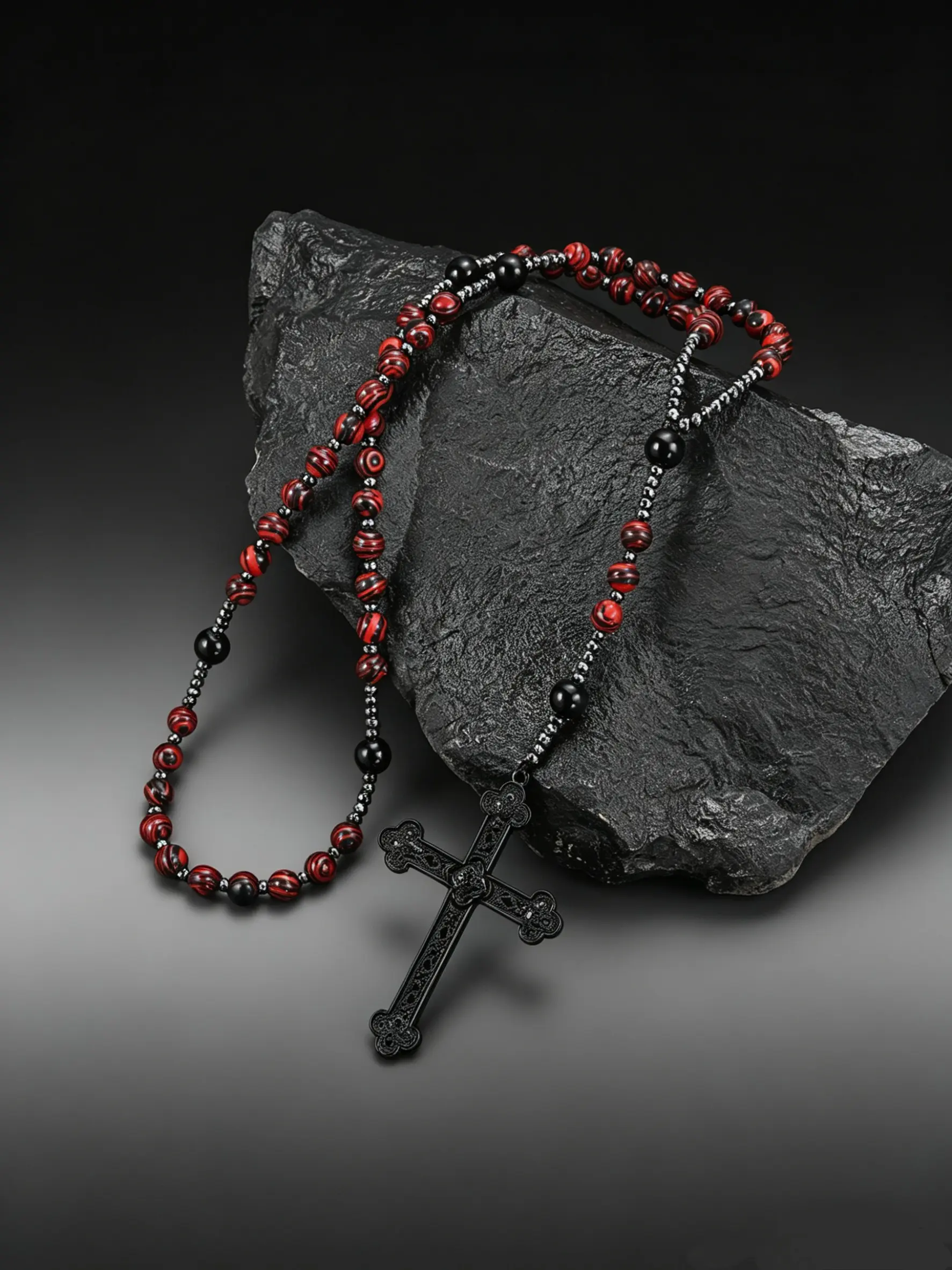 1pc Vintage Imitation Malachite Bead Necklace, Black Big Cross Pendant Design, Unisex Rosary Prayer Jewelry, All Seasons Wear Necklets