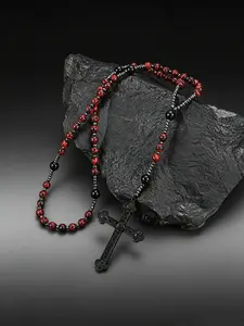 1pc Vintage Imitation Malachite Bead Necklace, Black Big Cross Pendant Design, Unisex Rosary Prayer Jewelry, All Seasons Wear