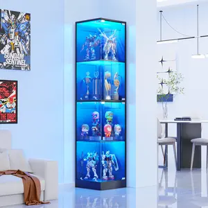 MIIFUNY Corner Display Cabinet with Glass Doors, Curio Cabinet with 3 Color LED Lights for Collectibles, 4-Tier Display Case with Human Body Sensor for Toys, Books, Black