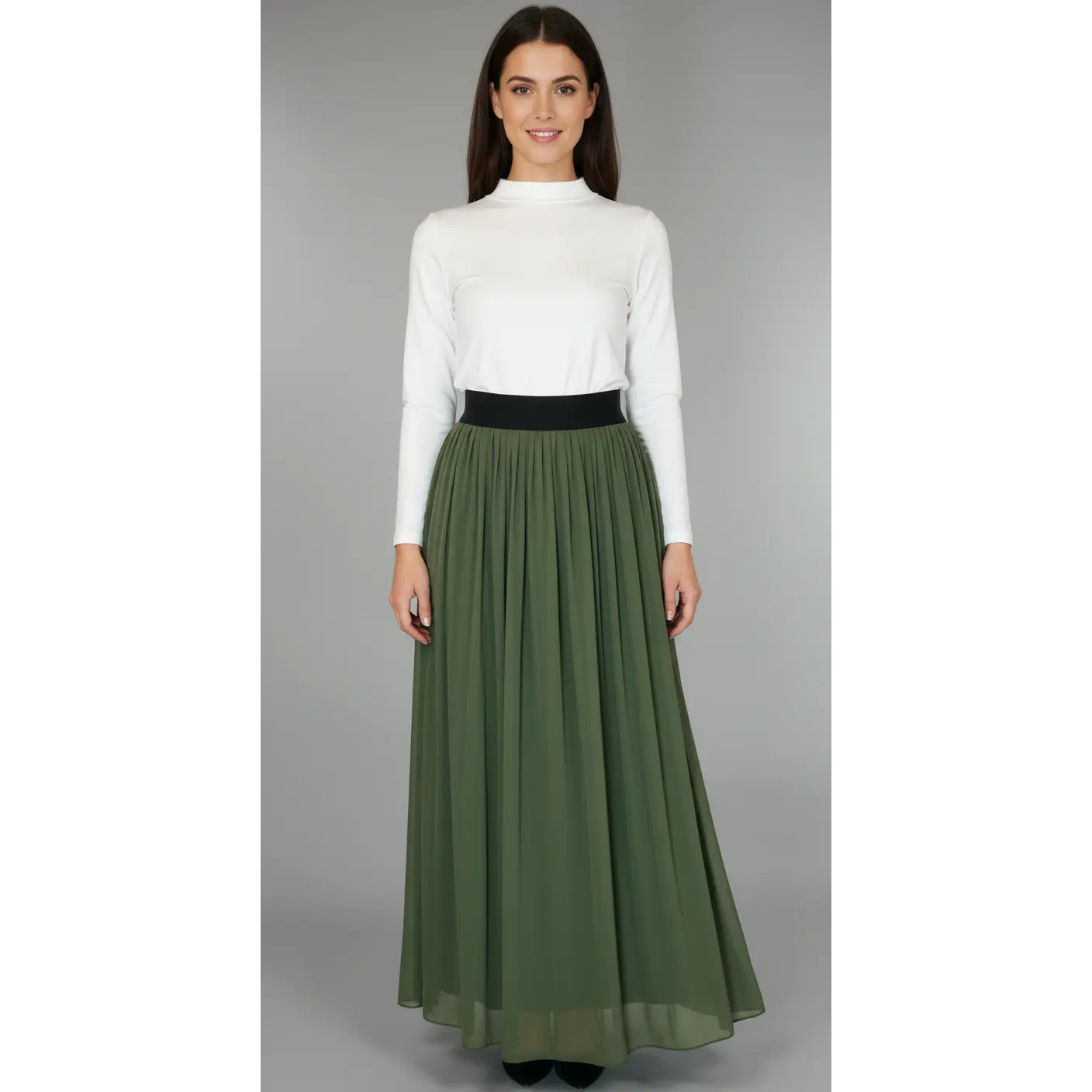 Dark Olive Pleated Maxi Skirt