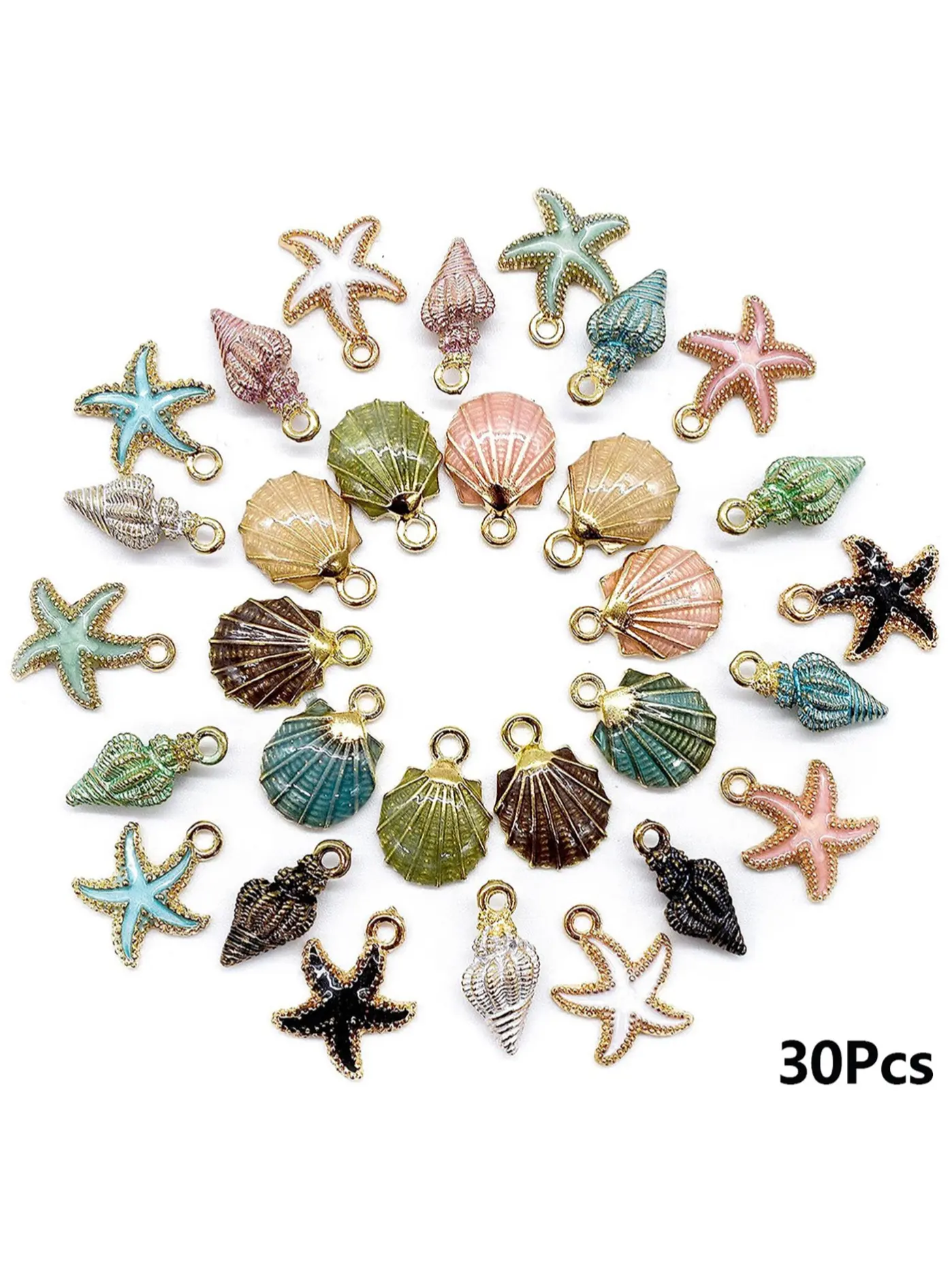 30 Piece Ocean Star Shell Metal Gold Plated Enamel Pendants, DIY Jewelry Making Supplies, DIY Jewelry Accessories, Sea Life Themed Charms for Crafting, DIY Jewelry Decoration