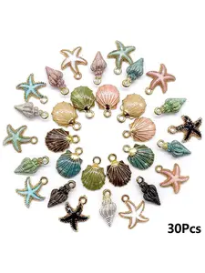 30 Piece Ocean Star Shell Metal Gold Plated Enamel Pendants, DIY Jewelry Making Supplies, Sea Life Themed Charms for Crafting