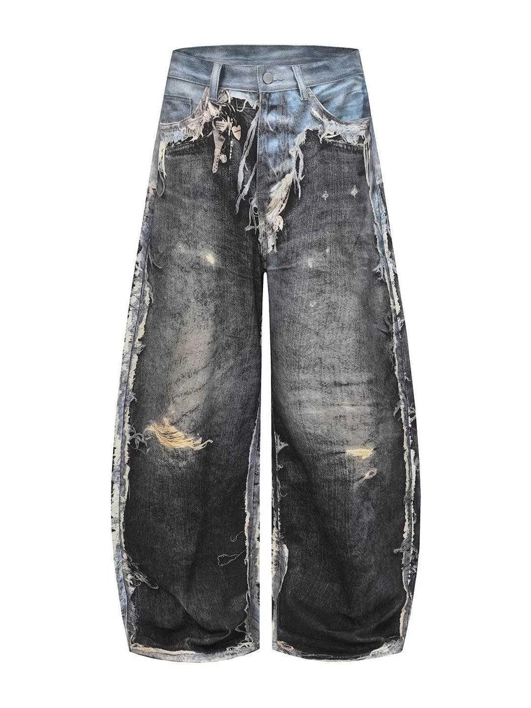 American Distressed 3D Digital Print Fake Two-Piece Jeans - Baggy Streetwear Loose Wide-Leg Pants