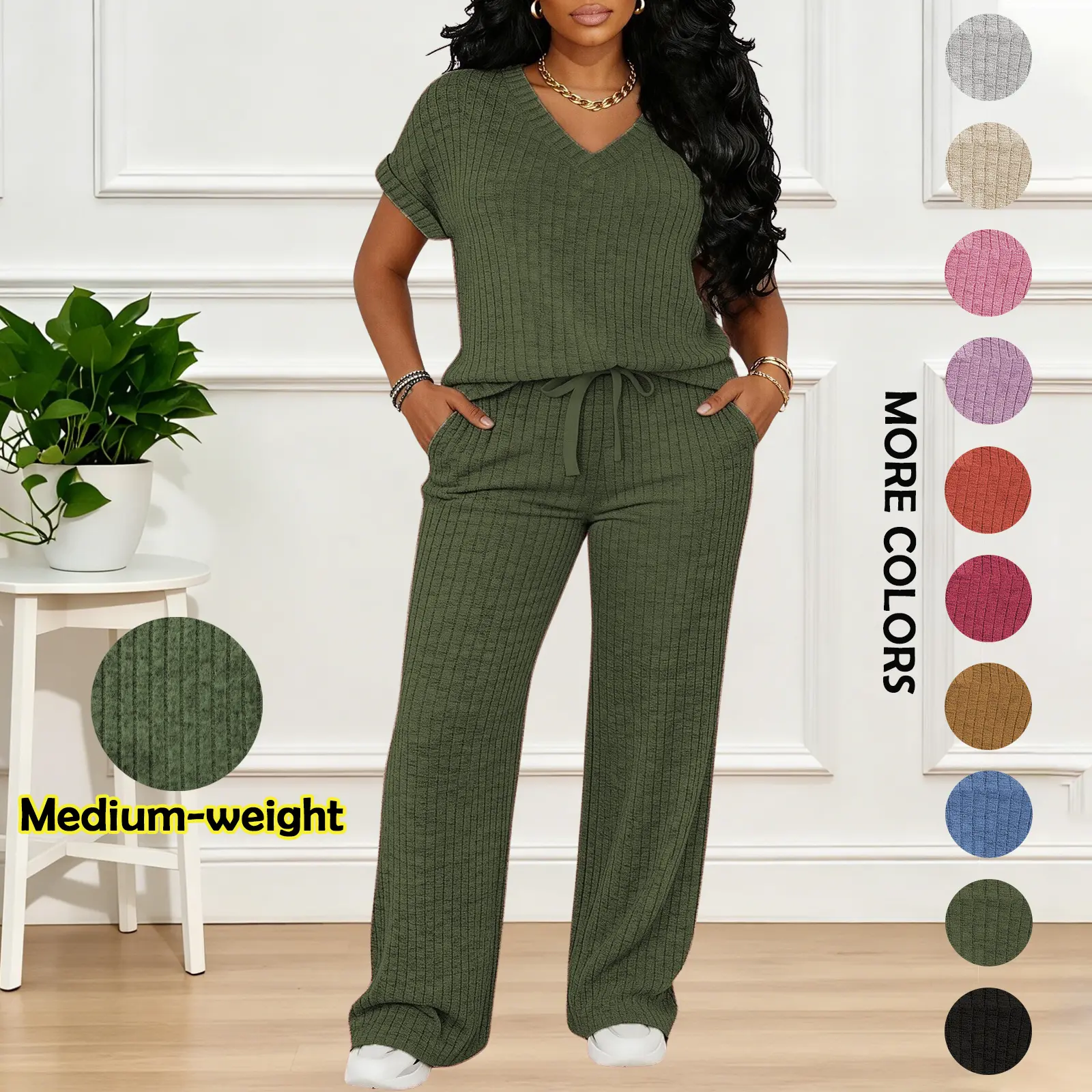 MOEENCN Women's 2-Piece Loungewear Set - Medium-Weight Brushed Ribbed, V-Neck Short-Sleeves Top, Loose Wide-Leg Front Pockets Pants, Basic Everyday Home Wear, Up to XXL