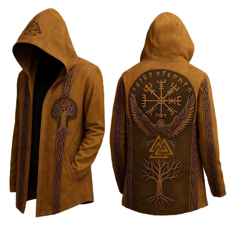 Men's Viking Hooded Open-Front Coat - Norse Mythology Print Long Cloak, Casual Witchy Outerwear
