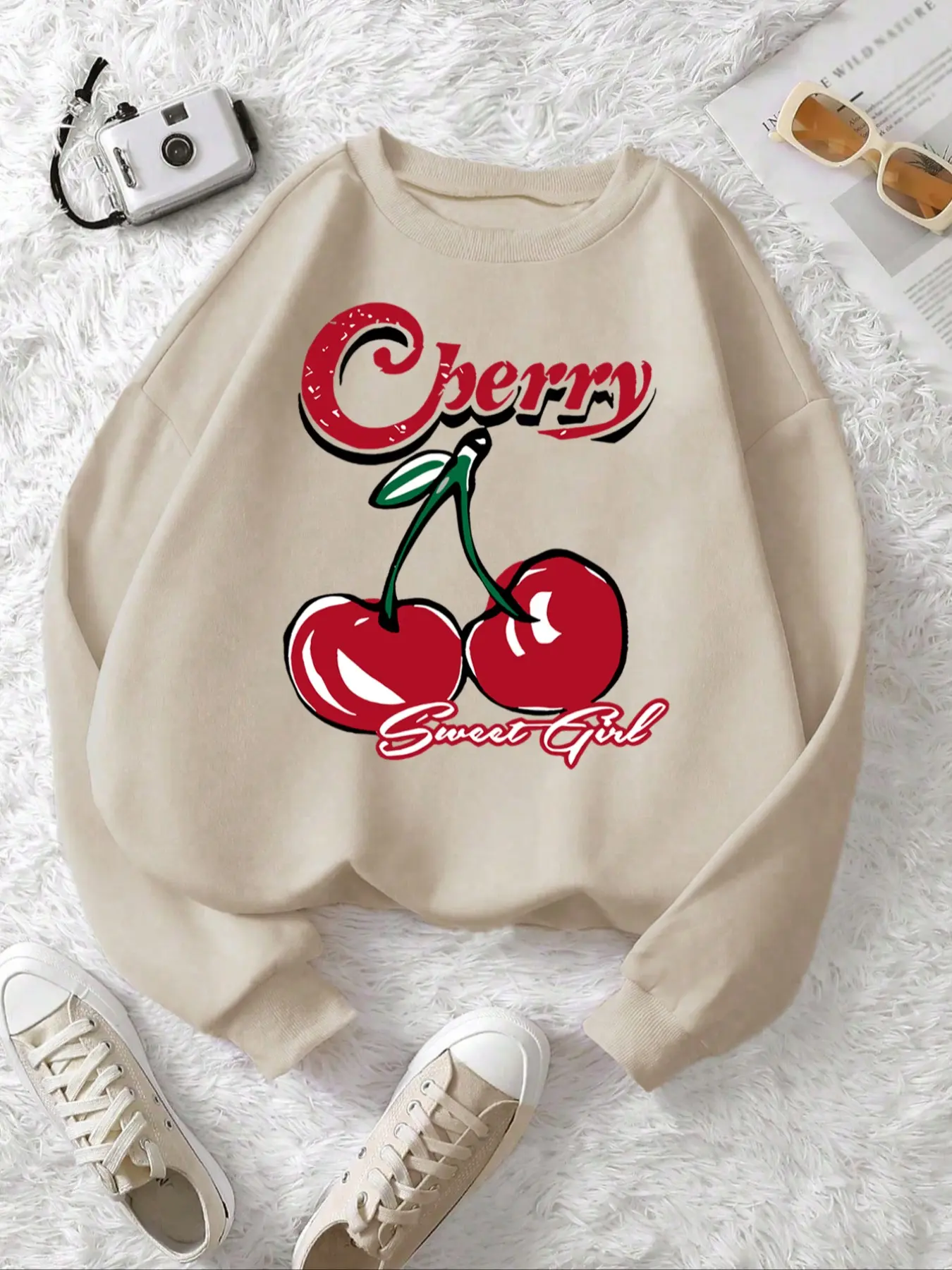Street Style Cherry Fruit Letter Print Knit Fleece Pullover Sweatshirt, Fall & Winter Casual Loose Fit Round Neck Jumper