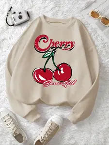 Street Style Cherry Fruit Letter Print Fleece Pullover Sweatshirt, Fall & Winter Casual Loose Fit Round Neck Jumper