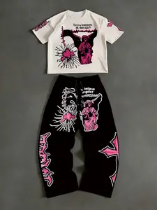 Gothic Angel Print Two-Piece Set Men Oversized American Streetwear Fashion Menswear T-Shirt Flared Pants Block