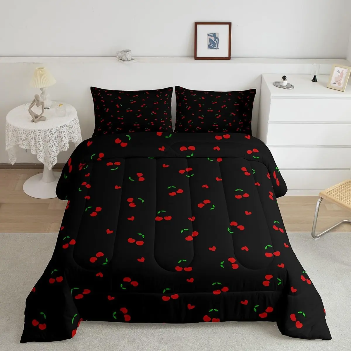 Kids Cherry Bedding Set ,Cherry Pattern Comforter Set Cute Fruit Comforter Boys Girls Kawaii Cartoon Fruit Teens Duvet Set Bedroom Decor