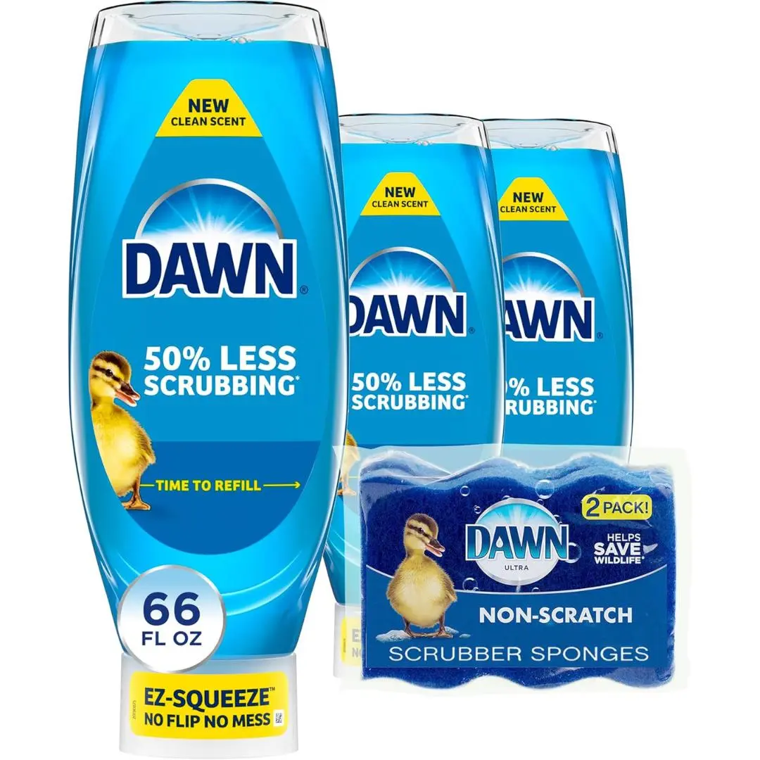 Dawn Dish Soap Squeeze Bottle, EZ-Squeeze Dawn Dishwashing Liquid, Dawn Dish Soap Liquid, Dish Washing Liquid + Non-Scratch Sponges for Dishes, Original, Includes 3x22oz Bottles + 2 Sponges